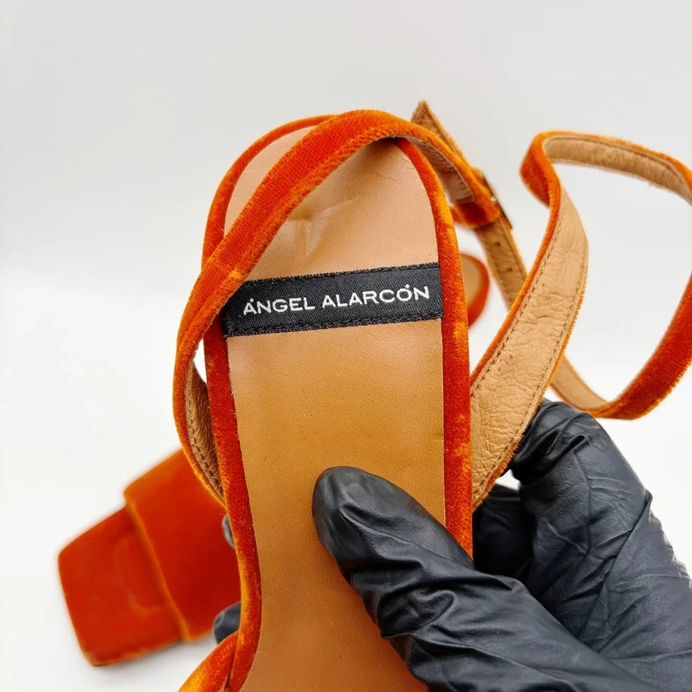 Angel Alarcon Sandals Womens 37 Orange Velvet Square Toe Ankle Strap Block Heel
